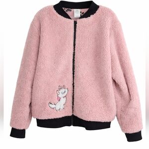 Disney Marie Fuzzy Teddy Bomber Jacket Pink Zip Up Cozy Kawaii Y2K XL